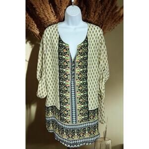 Cato Woman Boho Tunic Top Sz 14/16W Floral Roll Tab Sleeves V-Neck Blouse Loose